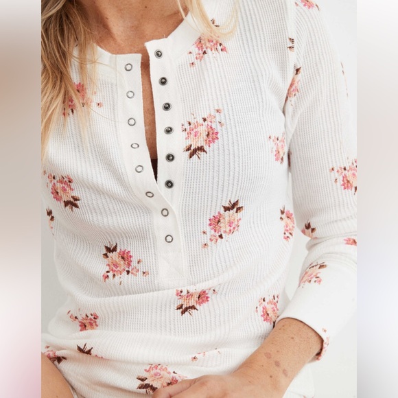 aerie Tops - Aerie White Pink Floral Waffle Knit Thermal Long Sleeve Henley Top